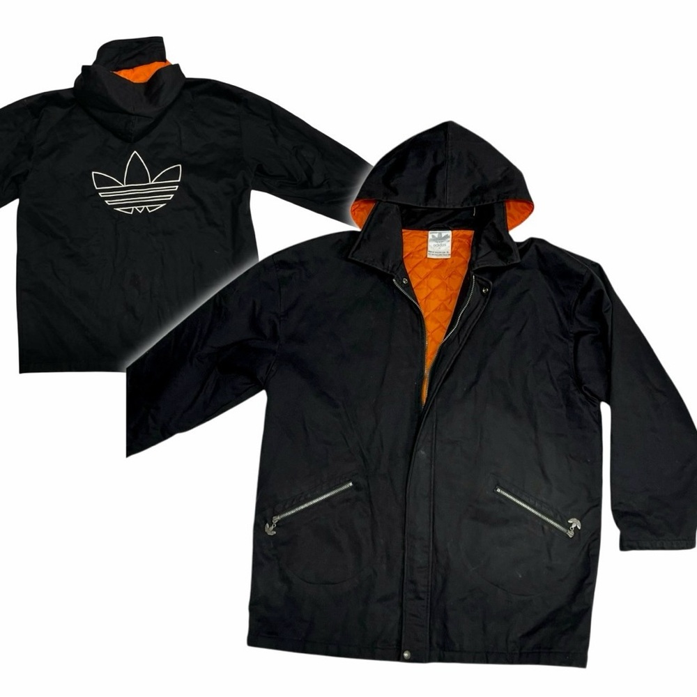 Vintage Adidas Black Canvas Utility Coat Hooded Jacket Quilted Orange Interior